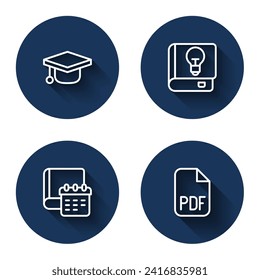 Set line Graduation cap, User manual, Daily paper notepad and PDF file document with long shadow. Blue circle button. Vector