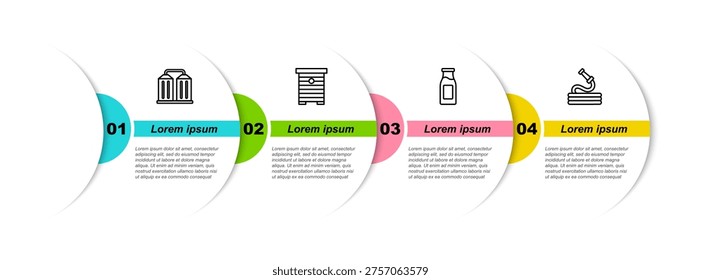 Set line Granary, Hive for bees, Bottle with milk and Garden hose. Business infographic template. Vector