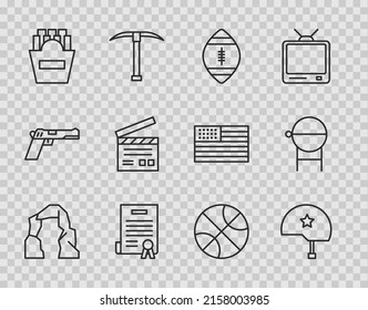 Set line Grand canyon, Military helmet, American Football ball, Declaration of independence, Potatoes french fries box, Movie clapper, Basketball and Barbecue grill icon. Vector