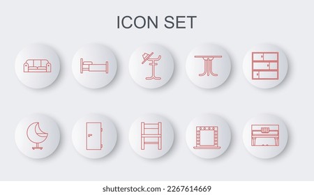 Set line Grand piano, Armchair, Coat stand, Makeup mirror with lights, Sofa, Bed, Closed door and Chair icon. Vector