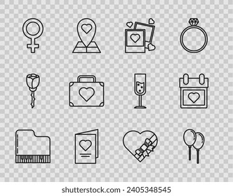 Set line Grand piano, Balloons with ribbon, Two blanks photo frames hearts, Valentines day party flyer, Female gender symbol, Suitcase for travel, Candy shaped box bow and Calendar icon. Vector