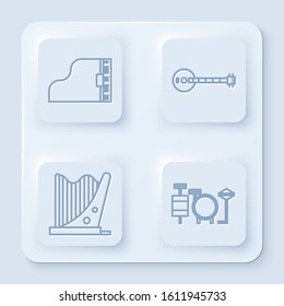 Set line Grand piano, Banjo, Harp and Drums. White square button. Vector