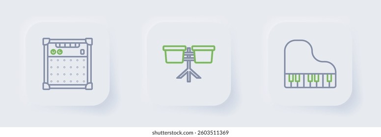 Set line Grand piano, Bongo drum and Guitar amplifier icon. Vector