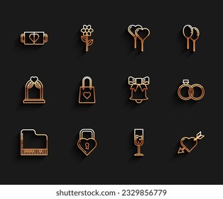 Set line Grand piano, Castle in the shape of heart, Two coffee cup, Glass champagne, Amour symbol with arrow, Shopping bag, Wedding rings and Ringing bell icon. Vector