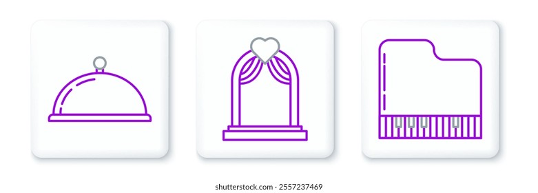 Set line Grand piano, Covered with tray of food and Wedding arch icon. Vector