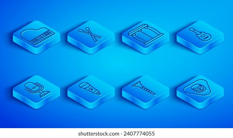 Set line Grand piano, Drum sticks, Microphone, Clarinet, Guitar,  and pick icon. Vector