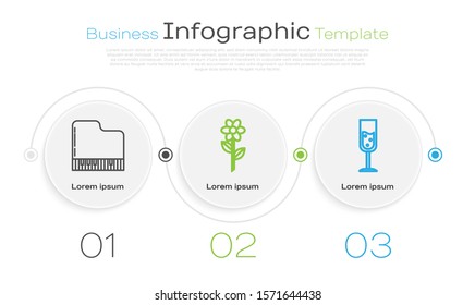 Set line Grand piano, Flower and Glass of champagne. Business infographic template. Vector