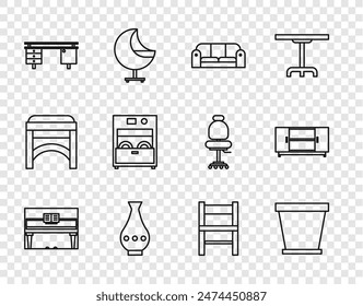 Set line Grand piano, Flower pot, Sofa, Vase, Office desk, Kitchen dishwasher machine, Chair and TV table stand icon. Vector