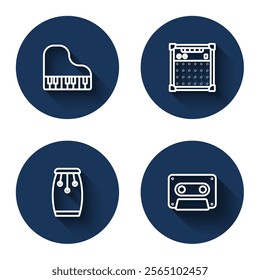 Set line Grand piano, Guitar amplifier, Conga drums and Retro audio cassette tape with long shadow. Blue circle button. Vector