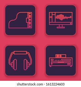 Set line Grand piano, Headphones, Sound or audio recorder on monitor and Music CD player. Blue square button. Vector