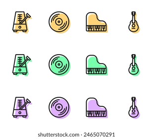 Set line Grand piano, Metronome with pendulum, Vinyl disk and Guitar icon. Vector