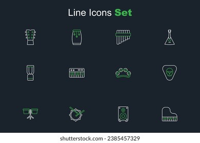 Set line Grand piano, Stereo speaker, Drum with drum sticks, Bongo, Guitar pick, Tambourine, Music synthesizer and African djembe icon. Vector