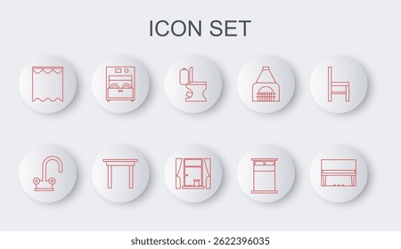 Set line Grand piano, Water tap, Toilet bowl, Big bed, Curtains, Kitchen dishwasher machine, Wooden table and Window with curtains icon. Vector