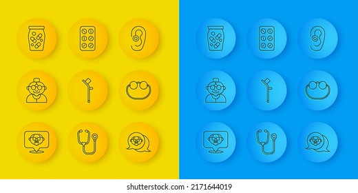 Set line Grandfather, Grandmother, Crutch or crutches, Eyeglasses, Medicine bottle pills, Hearing aid and Pills blister pack icon. Vector