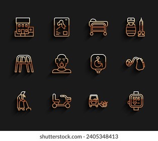 Set line Grandmother, Electric wheelchair, Medical hospital building, Disabled car, Smart watch, Head of deaf dumb, Hearing aid and  icon. Vector