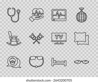 Set line Grandmother, Eyeglasses, Monitor with cardiogram, Stethoscope, Crutch crutches, Bed and Pillow icon. Vector