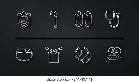 Set line Grandmother, Eyeglasses, Stethoscope, Medicine pill or tablet, Knitting, Walking stick cane, Heart rate and Slippers icon. Vector