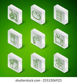 Set line Grandmother, Glass with water, Wheelchair, Bone pain, Medicine bottle pills, Eyeglasses, Socks and Retro tv icon. Vector