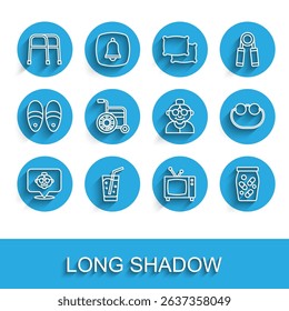 Set line Grandmother, Glass with water, Walker, Retro tv, Medicine bottle pills, Wheelchair, Eyeglasses and  icon. Vector