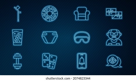Set line Grandmother, Grandfather, Armchair, Adult diaper, False jaw in glass, Crutch or crutches, Eye sleep mask and Vitamin pill icon. Vector