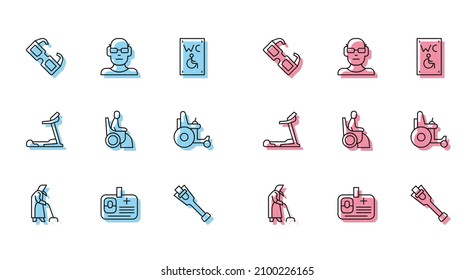 Set line Grandmother, Identification badge, Eyeglasses, Prosthesis leg, Woman in wheelchair, Electric, Treadmill machine and Poor eyesight icon. Vector