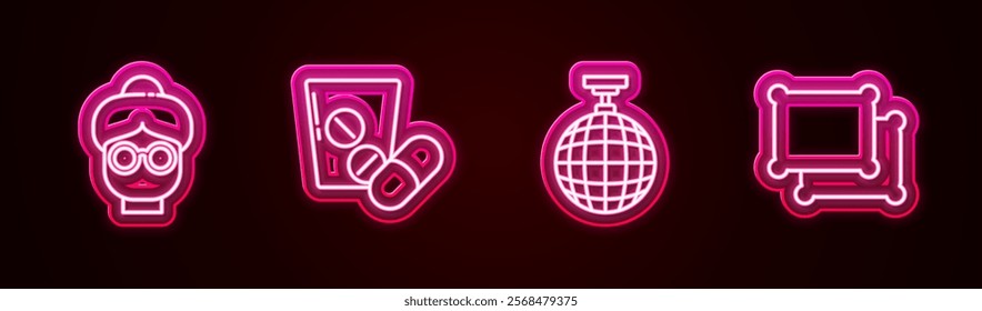 Set line Grandmother, Medicine pill or tablet, Disco ball and Pillow. Glowing neon icon. Vector