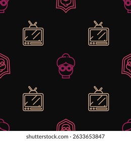 Set line Grandmother, Retro tv and  on seamless pattern. Vector
