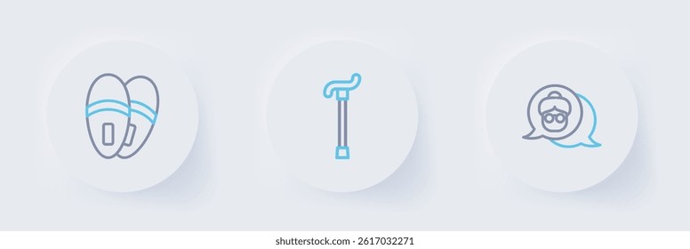 Set line Grandmother, Walking stick cane and Slippers icon. Vector