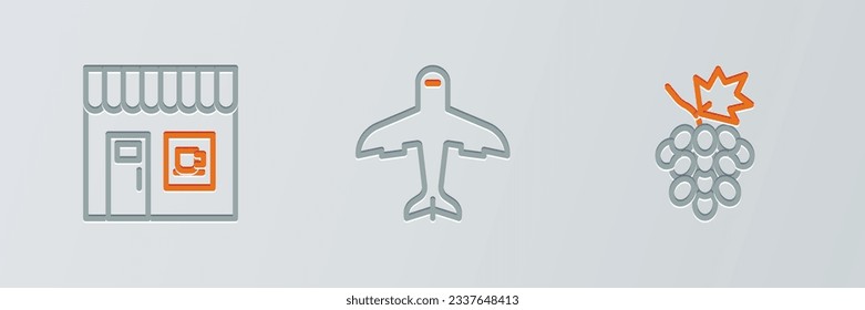 Set line Grape fruit, Coffee shop and Plane icon. Vector