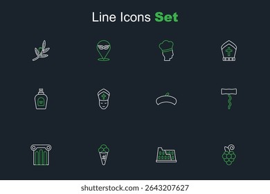 Set line Grape fruit, Coliseum, Ice cream in waffle, Ancient column, Wine corkscrew, French beret, Pope and Perfume icon. Vector