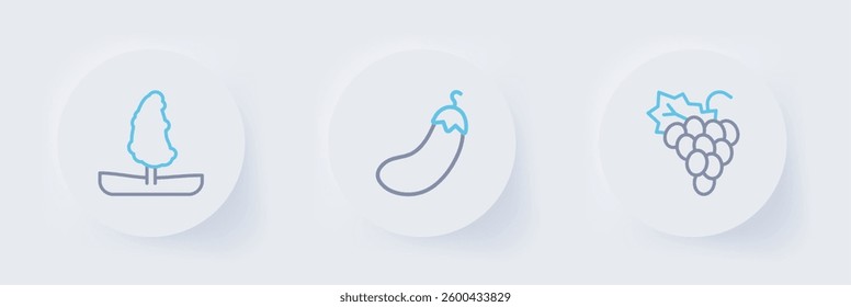 Set line Grape fruit, Eggplant and Tree icon. Vector