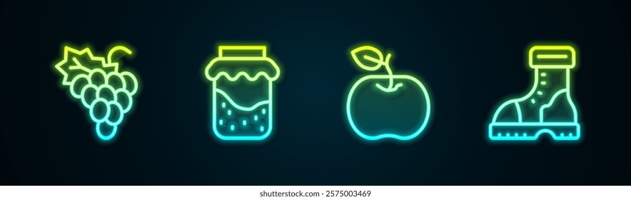 Set line Grape fruit, Jam jar, Apple and Waterproof rubber boot. Glowing neon icon. Vector