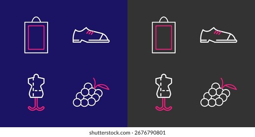 Set line Fruta de uva, maniquí, zapatos de hombre e icono de imagen. Vector