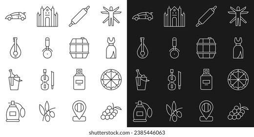 Set line Grape fruit, Pizza, Woman dress, Rolling pin, knife, Mandolin, Sport racing car and Barrel for wine icon. Vector