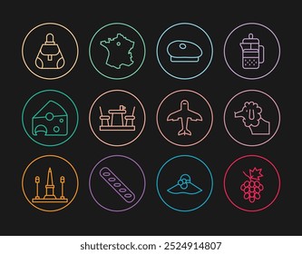 Set line Grape fruit, Poodle dog, French beret, cafe, Cheese, Handbag, Plane and Map of France icon. Vector