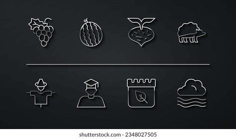 Set line Grape fruit, Scarecrow, Hedgehog, Calendar with autumn leaves, Graduate and graduation cap, Watermelon, Windy weather and Beet icon. Vector
