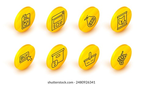 Set line Grape fruit, Shopping basket, Carton cardboard box with price, Buy button, Canned food, Healthy organic pear, Online ordering and delivery and Bottle of olive oil icon. Vector