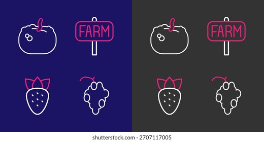 Set line Fruta de la uva, fresa, granja de Locación e icono de calabaza. Vector
