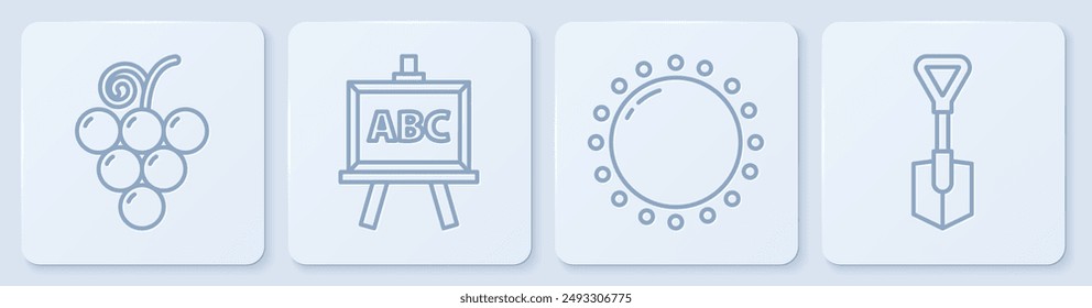 Set line Grape fruit, Sun, Chalkboard and Shovel. White square button. Vector