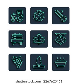 Set line Grape fruit, Tree, Bowl of hot soup, Meteorology thermometer, Leaf leaves, Bench, Tractor and Beet icon. Vector