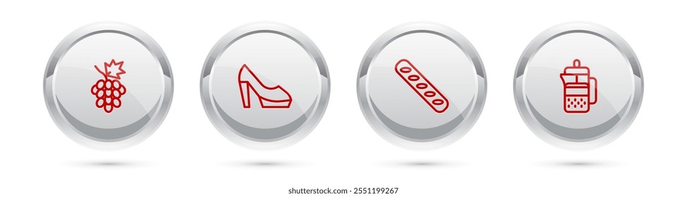 Set line Grape fruit, Woman shoe, French baguette bread and press. Silver circle button. Vector