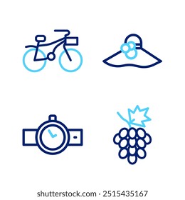 Set line Grape fruit, Wrist watch, Elegant women hat and Bicycle icon. Vector