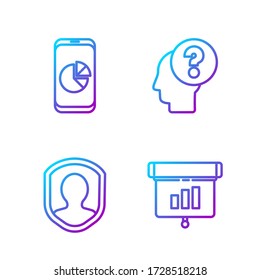 Establecer línea Graph, chart, diagrama, infografía, protección del usuario, teléfono móvil con gráfico de gráficos y cabeza humana con signo de interrogación. Iconos de color de degradado. Vector
