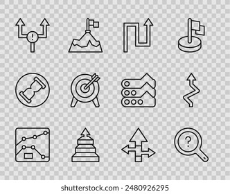 Set line Graph, chart, diagram, Unknown search, Arrow, Pyramid infographics, Target,  and  icon. Vector