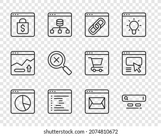 Legen Sie die Zeile Graph Diagramm Infografik, Suchmaschine, Browser-Fenster, Online-Shopping auf dem Bildschirm, Magnifying Glas und Löschen, Website-Mail und UI oder UX Design Symbol. Vektorgrafik