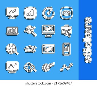 Set line Graph chart infographic, Mobile with, Work search, Digital speed meter, Search data analysis, Laptop, Financial growth and Stocks market graphs icon. Vector