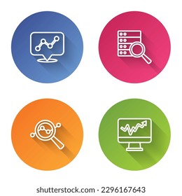 Set line Graph chart infographic, Server, Search data analysis and Monitor with. Color circle button. Vector