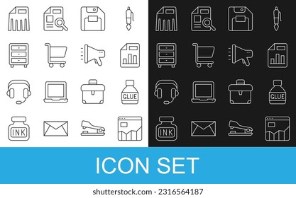 Fijar línea Graph chart infographic, Glue, Document with, Floppy disk, Shopping Cart, Archive papers cajón, Paper shredder e icono Megaphone. Vector