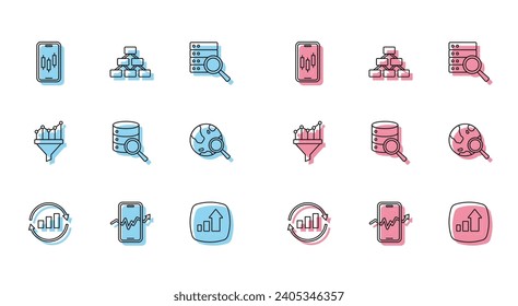 Set-line Graph Diagramm Infografik, Mobile Stock-Handel, Finanzwachstum, Server, Suchglobe, Sales-Funnel mit und Hierarchy Organogramm Symbol. Vektorgrafik