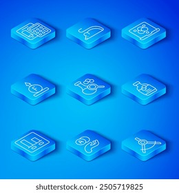 Set line Graph chart infographic, Test tube, Atom, Medicine bottle and pills, Chemical formula, Force of physic, Calculator and Drawing compass icon. Vector